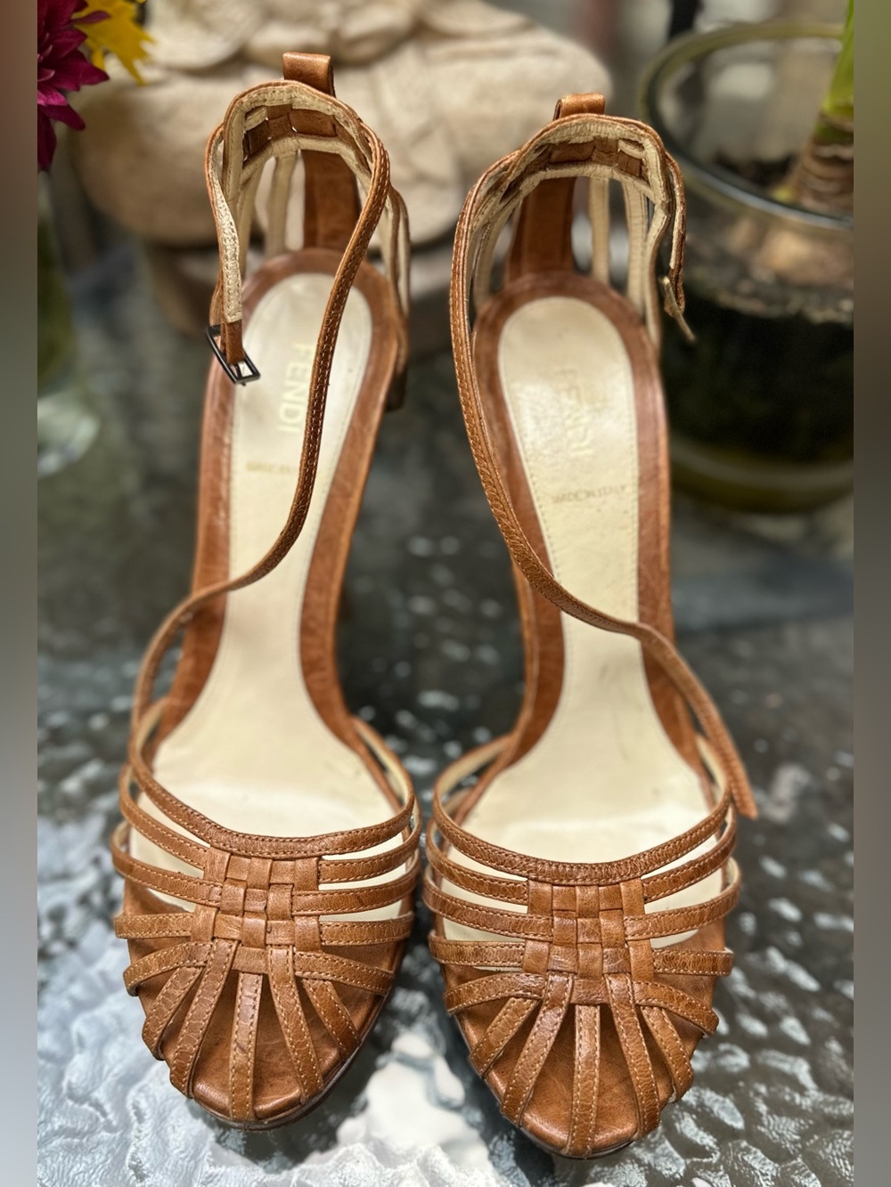 Fendi Cognac Woven Leather Ankle-Strap Heels